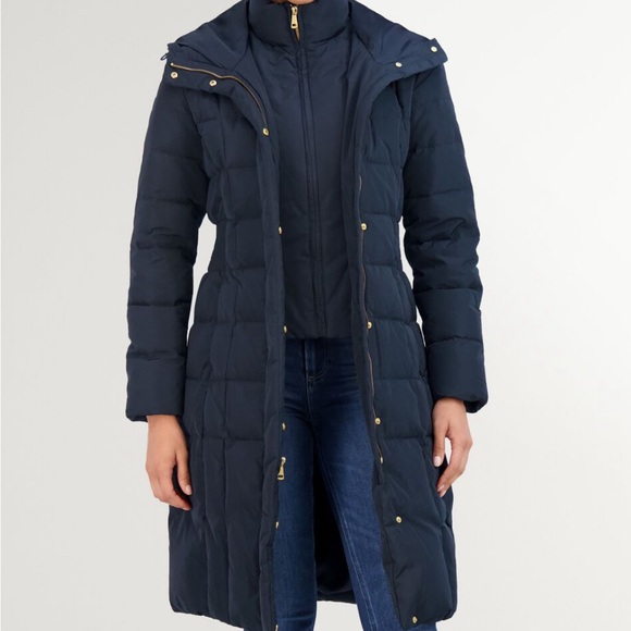 Cole Haan Women's 40" Signature Hooded Taffeta Down Coat Sz S Elastic Waist Navy - Picture 2 of 15